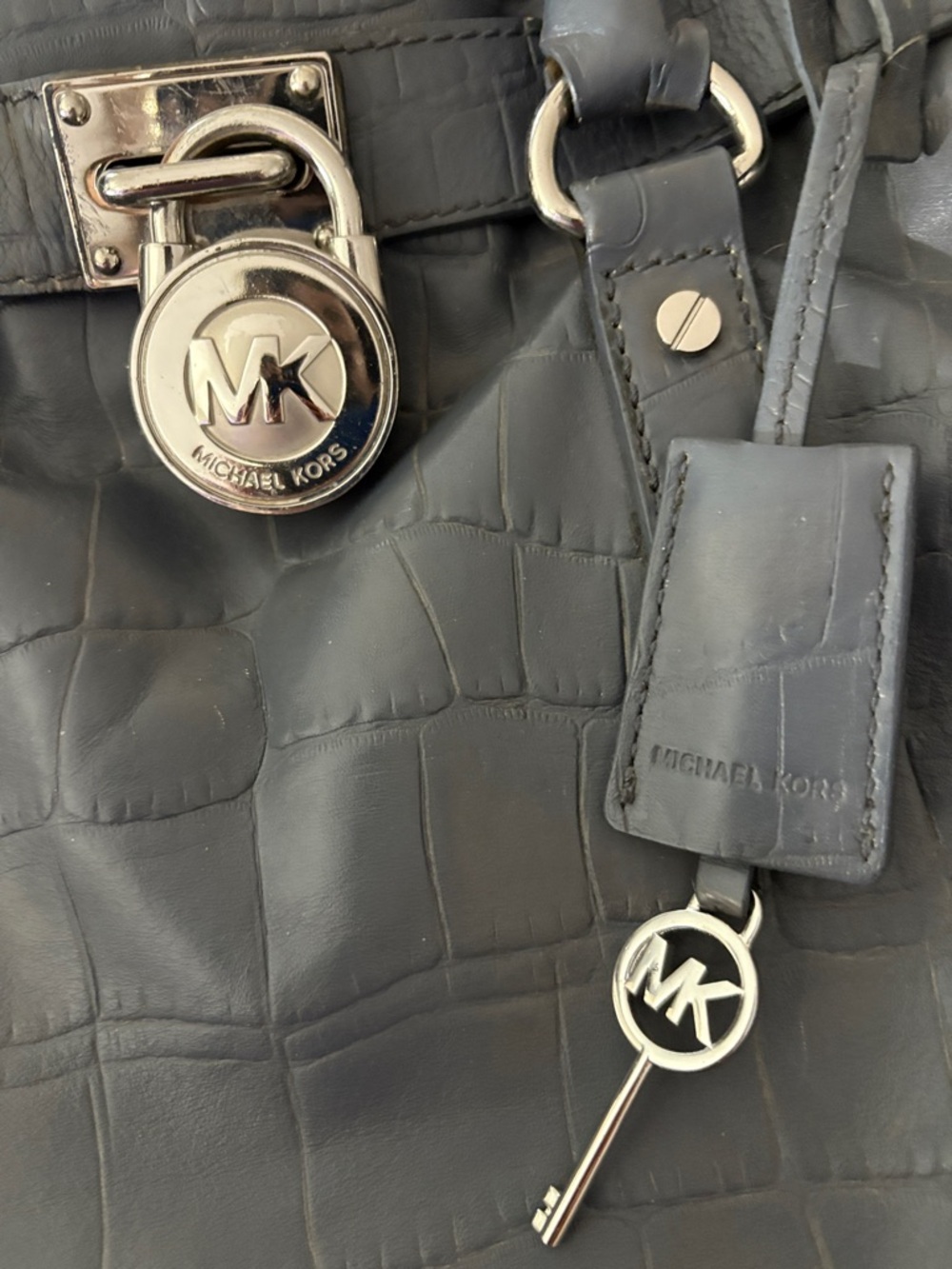 Michael Kors Dark Gray Croc-Embossed Leather Satchel with Gold Hardware - Picture 2 of 4